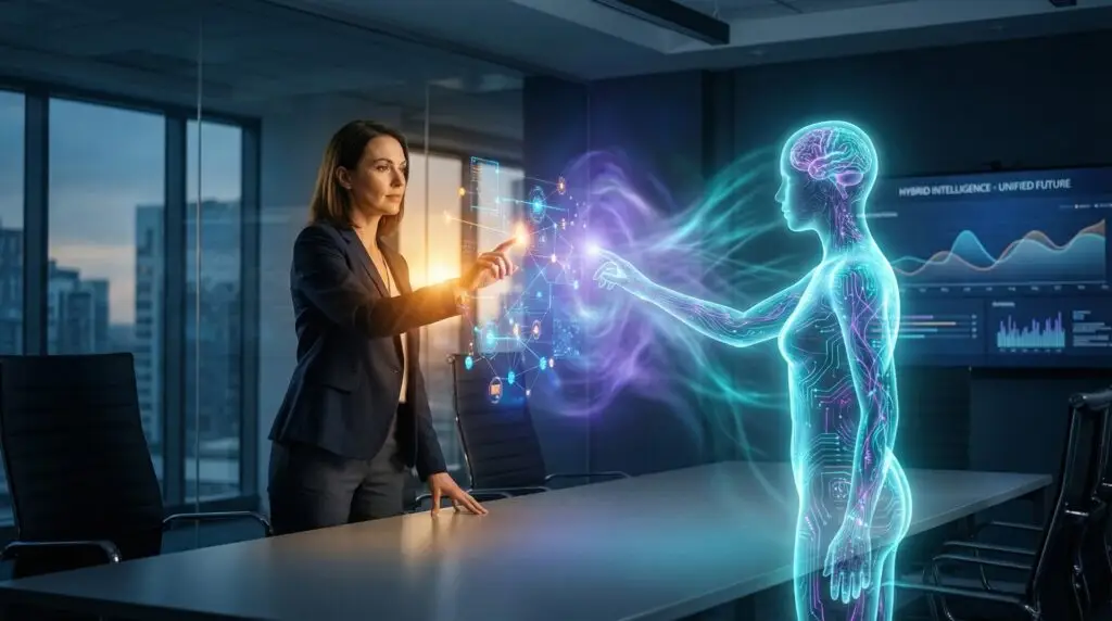 Visualisierung von Hyybrid Intelligence: Geschäftsfrau und holografische KI bündeln in einem modernen Konferenzraum ihre Fähigkeiten.