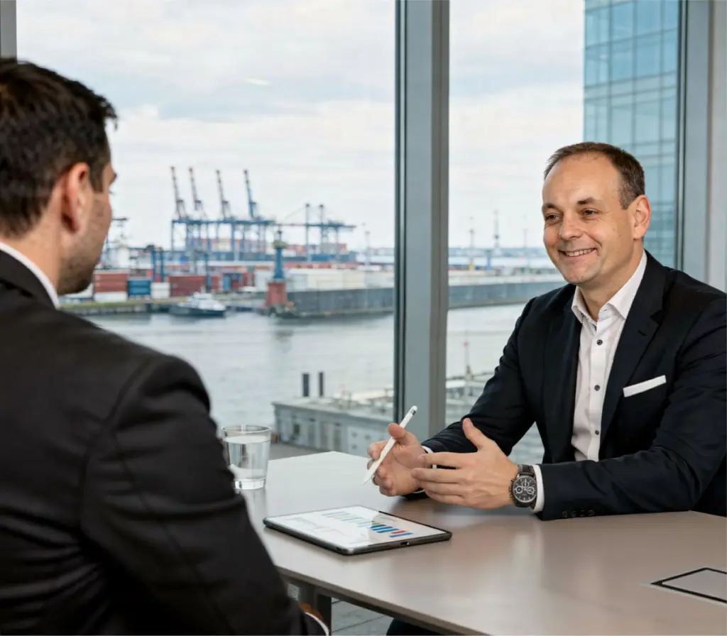 Porträt von Jens Wolfhagen im Kundengespräch (am Tablet) mit Blick auf den Hamburger Hafen.
