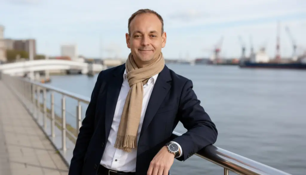 Porträt von Jens Wolfhagen im Business-Outfit an der Hamburger Hafenpromenade.