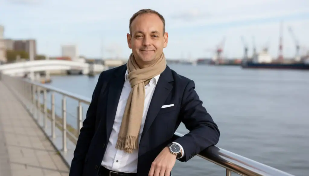 Porträt von Jens Wolfhagen im Business-Outfit an der Hamburger Hafenpromenade.