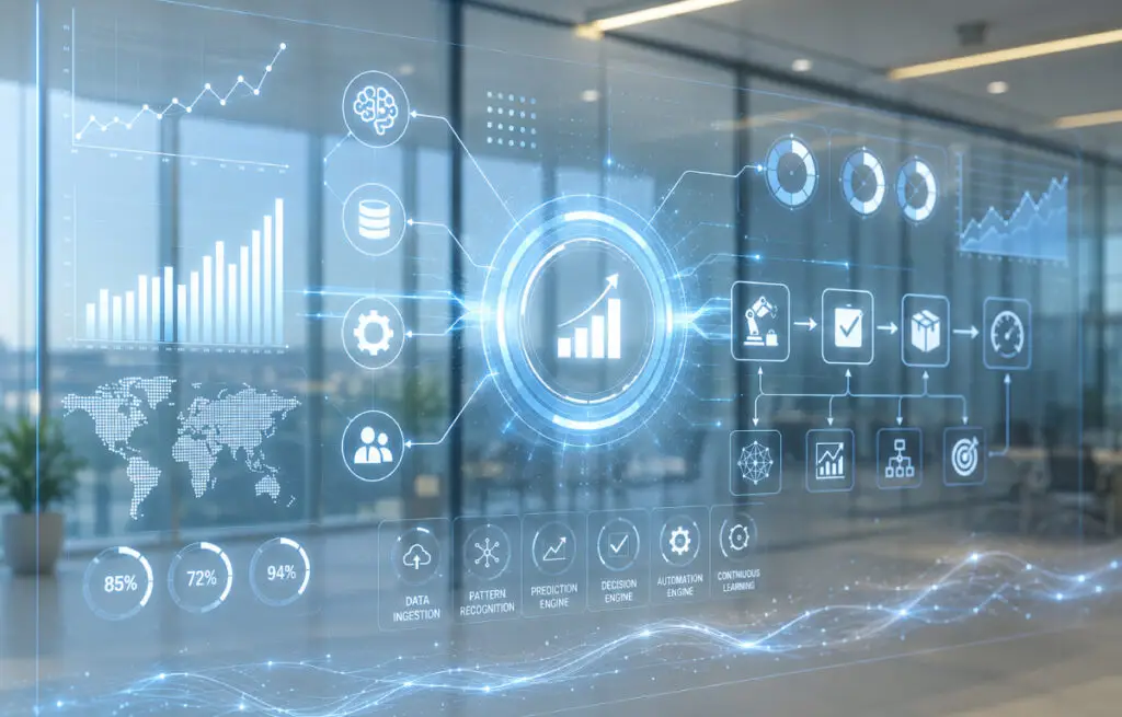 Ein digitales Dashboard visualisiert die Kernstärken von KI: Data Ingestion, Pattern Recognition, Prediction Engine, Decision Engine, Automation Engine und Continuous Learning. Technische Symbole, Prozessketten, Diagramme und eine Weltkarte auf einem transparenten Screen im modernen Büro zeigen die datenbasierte Präzision und Effizienz von künstlicher Intelligenz.