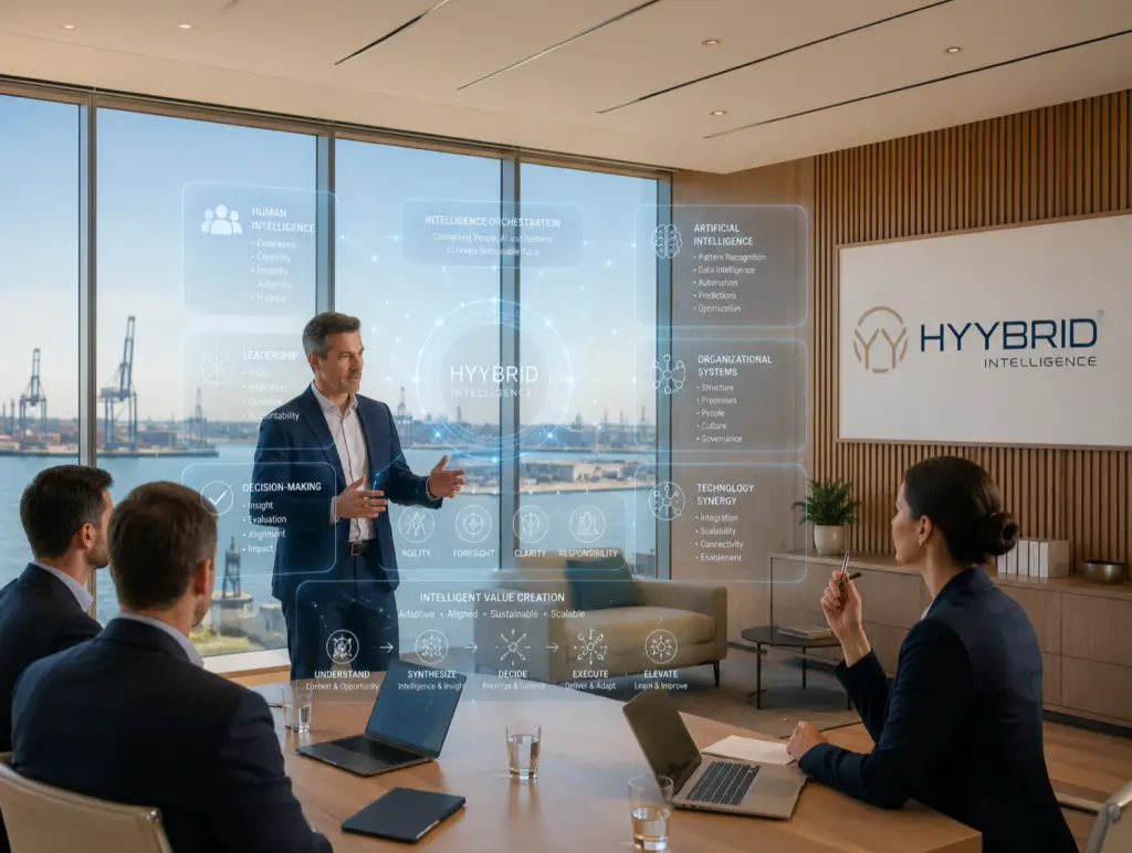 Strategischer Workshop mit Präsentation des ganzheitlichen HYYBRID Intelligence® Frameworks vor einer Fensterfront mit Blick auf den Hamburger Hafen. Das virtuelle Großdisplay schlüsselt die Synergien zwischen menschlicher Intelligenz (Human Intelligence), künstlicher Intelligenz (Artificial Intelligence), organisatorischen Systemen (Organizational Systems) und Leadership auf, ergänzt durch einen fünfstufigen Wertschöpfungsprozess (Understand bis Elevate).