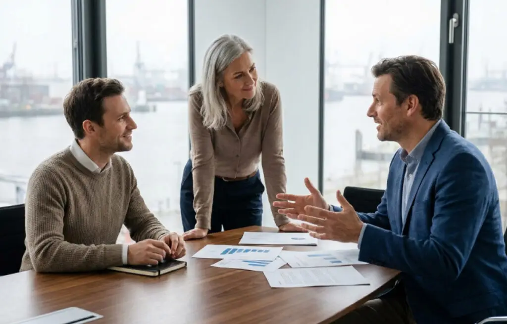 Kollaborative Führungskräfte nutzen menschliche Kernkompetenzen wie kreativen Austausch und wertschätzendes Teamwork bei einer strategischen Beratung.