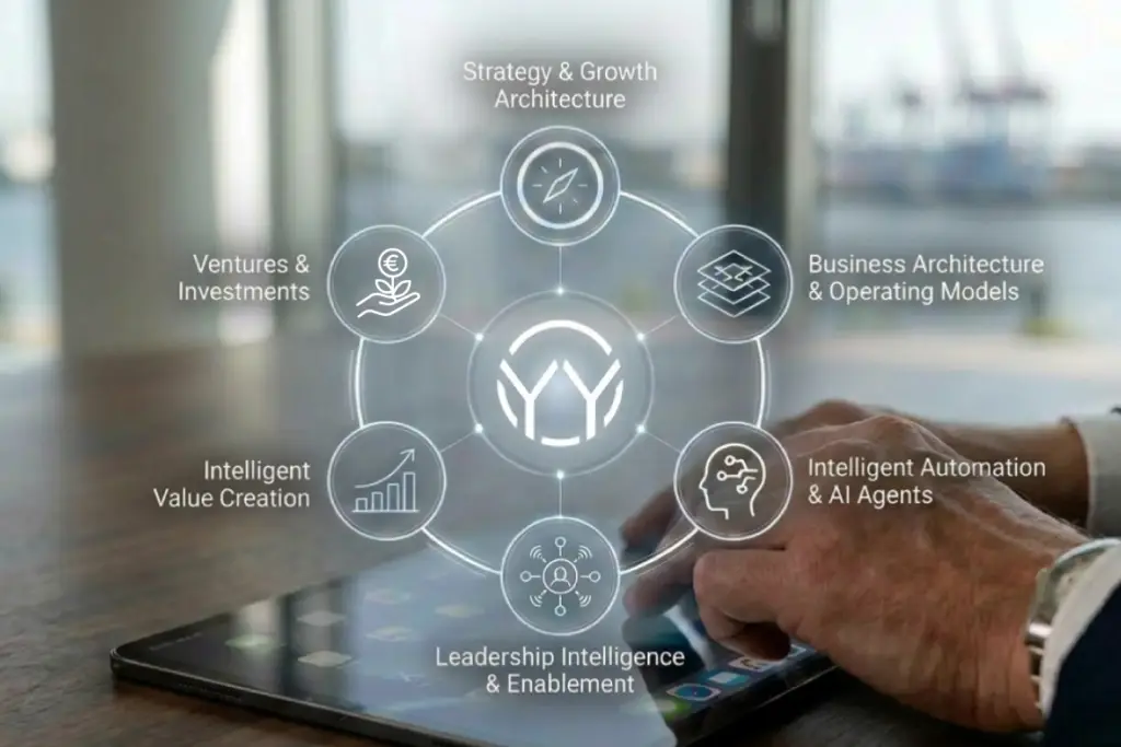 Infografik über einem Tablet visualisiert die 6 modular kombinierbaren Leistungsbereiche für intelligente Wertschöpfung: Strategy & Growth Architecture, Business Architecture & Operating Models, Intelligent Automation & AI Agents, Leadership Intelligence & Enablement, Intelligent Value Creation sowie Ventures & Investments. Die Bereiche sind kreisförmig um das zentrale HYYBRID-Intelligence-Logo („YY“) angeordnet und symbolisieren ein integriertes System für digitale Transformation.