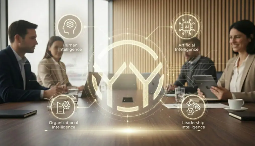 Ein leuchtendes, goldenes Hologramm-Diagramm schwebt über einem Konferenztisch, an dem vier Personen arbeiten. Das zentrale Doppel-Y-Logo wird von vier vernetzten Kern-Dimensionen mit Text und Icons flankiert: Links oben „Human Intelligence“, rechts oben „Artificial Intelligence“, links unten „Organizational Intelligence“ und rechts unten „Leadership Intelligence“.